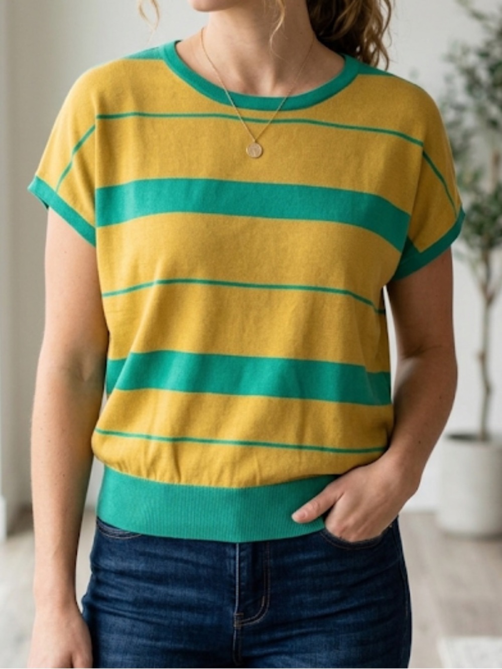 ONA Striped Knit Top Short Sleeves Medium